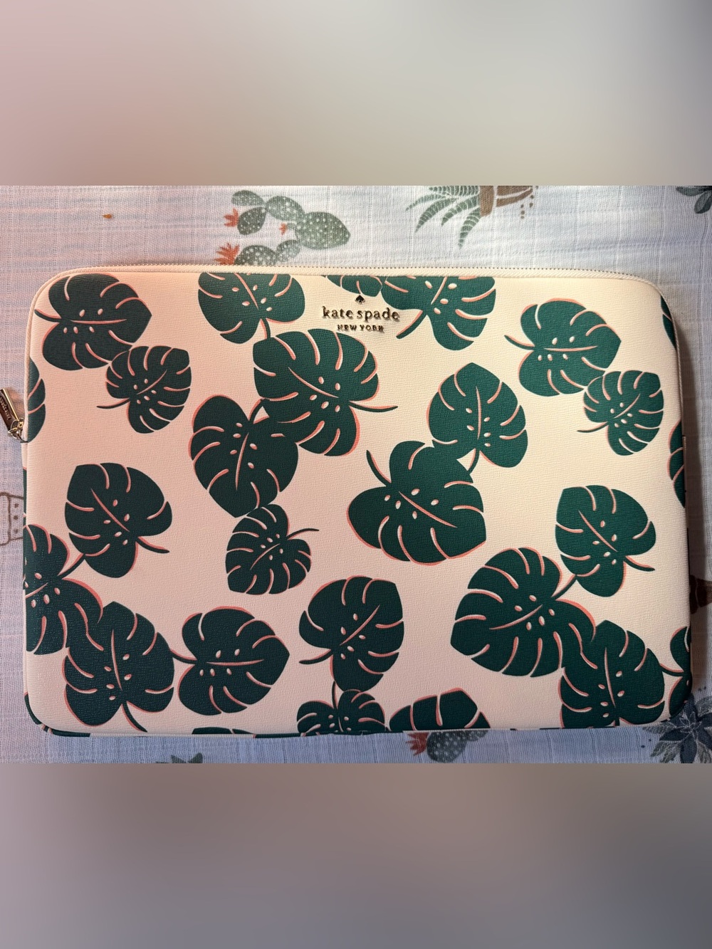 kate spade Cream laptop sleeve case with Green Monstera Leaf Print